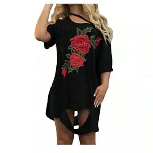 🆕Black Hollows Out T-Shirt Dress 3D Rose 2X🆕